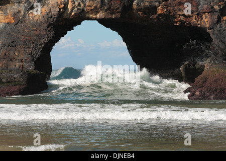 Wave splashing in the Hole in Wall, Coffee Bay, Wild Coast, Eastern Cape Province, South Africa Stock Photo