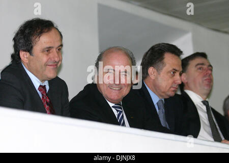 Apr 30, 2008 - St. Petersburg, Russia - The 2008 UEFA Champions League Final will be played on 21 May 2008 at the Luzhniki Stadium in Moscow, Russia. Pictured: FILE January 2008, (L-R) UEFA President MICHEL PLATINI, FIFA President JOSEPH BLATTER, Russian Football Unity VITALY MUTKO visiting St.Petersburg. (Credit Image: © PhotoXpress/ZUMA Press) RESTRICTIONS: * North and South Amer Stock Photo