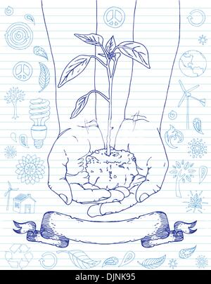 Hands holding plant with eco doodles. Stock Vector