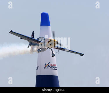 May 04, 2008 - San Diego, California, USA - Peter Besenyei in the number 3 plane, an Extra 300R type of aircraft during the Red Bull Air Race World Series in San Diego, CA., where the world's best pilots use the fastest, most agile and lightweight racing planes to navigate a low-level aerial race track made up of 65 feet tall air filled pylons and reaching speeds of up to 230 mph a Stock Photo