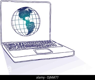 Hand drawn laptop with globe on screen. Separate elements. Stock Vector