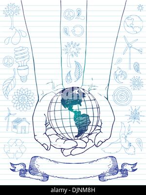 Hands holding earth with eco doodles. Stock Vector