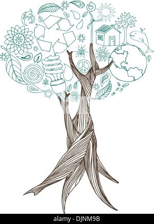 Earth friendly doodles form leaves of hand drawn tree. Stock Vector