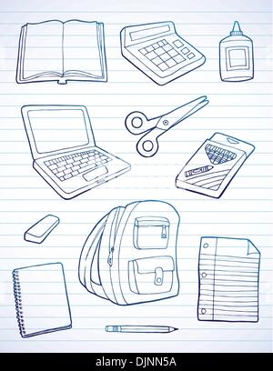Hand drawn school supplies on lined paper. Stock Vector