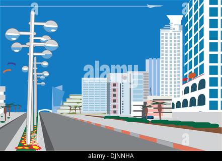 a road leads to a blue  city.  Vector illustration. Stock Vector