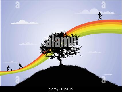 Happy children playing on rainbow illustration Stock Vector Image & Art ...