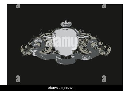 An heraldic shield or badge, blank so you can add your own images . Vector illustration.  Black  background  . Stock Vector