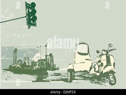 Vector illustration of vintage scooter on the grunge urban background Stock Vector