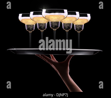 waiter hand with champagne on black background Stock Photo