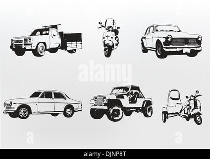Silhouette cars. Vector illustration of old vintage custom collector's cars and motorcycle Stock Vector