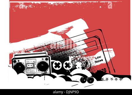 Boombox .  Grunge styled urban background in graffiti style.  Vector illustration. Stock Vector