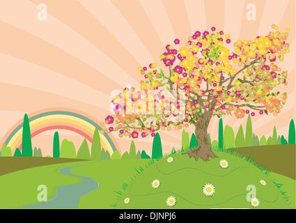 Trail through the countryside in summertime with a rainbow at the end Stock Vector