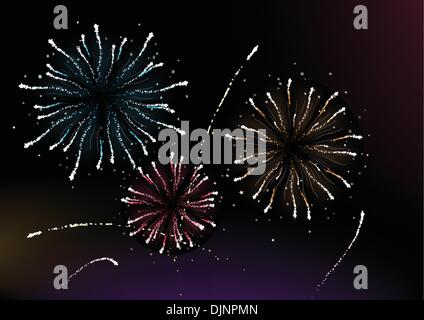 Vector  illustration of different fireworks lighting up the sky in black background.  Great for celebration and festive works. Stock Vector