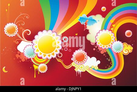 Vector illustration of funky styled design background made of sun shapes, rainbow shapes and floral elements Stock Vector