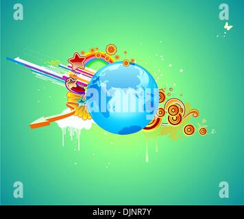 Vector illustration of funky abstract background with globe, flowers, arrows and circles Stock Vector