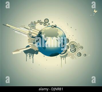 Vector illustration of funky abstract background with globe, flowers, arrows and circles Stock Vector