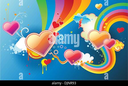 Vector illustration of funky styled design background made of heart shapes, rainbow shapes and floral elements Stock Vector