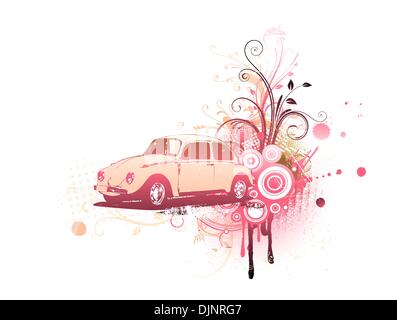 Vector illustration of old custom Volkswagen Beatle on the Grunge Floral Decorative background Stock Vector