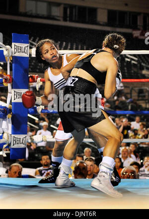 July 31, 2008: Ela Nunez (Black Trunks) of Rochester, NY defeated Dominga Olivo (White Trunks) of the Bronx, NY in a unanimous decision for the vacant International Women's Boxing Federation junior featherweight title at Frontier Field in Rochester, New York. Alan Schwartz/CSM  (Credit Image: Ã‚Â© Cal Sport Media/ZUMA Press)(Credit Image: © Alan Schwartz/Cal Sport Media) Stock Photo