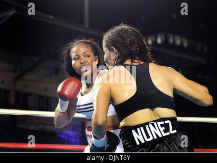 July 31, 2008: Ela Nunez (Black Trunks) of Rochester, NY defeated Dominga Olivo (White Trunks) of the Bronx, NY in a unanimous decision for the vacant International Women's Boxing Federation junior featherweight title at Frontier Field in Rochester, New York. Alan Schwartz/CSM  (Credit Image: Ã‚Â© Cal Sport Media/ZUMA Press)(Credit Image: © Alan Schwartz/Cal Sport Media) Stock Photo