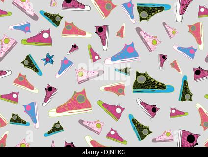 Retro Seamless Pattern made of cool hand-drawn sport shoes in different colors. Vector illustration Stock Vector