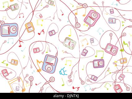 Retro Seamless Pattern made of cool hand-drawn mp3 players in different colors. Vector illustration Stock Vector