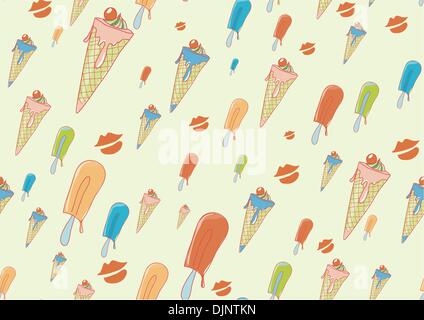 Seamless Pattern made of cool hand-drawn ice creams in different colors in retro style . Vector illustration Stock Vector