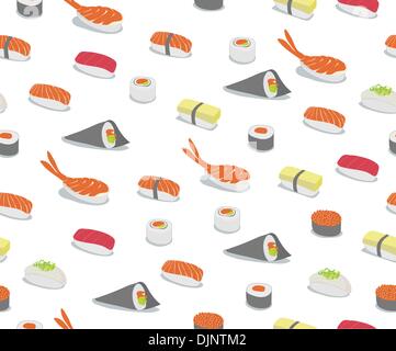 Vector background illustration of various types of sushi in iconic style. Retro Seamless Pattern. Stock Vector