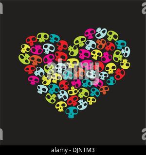 Heart shape made of small colorful funny skulls on black background. Vector illustration Stock Vector