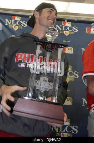 Oct 15, 2008 - Los Angeles, California, USA - COLE HAMELS holds the MVP trophy after the Phillies win the NLCS at Dodger Stadium. (Credit Image: © Yong Kim/Philadelphia DailyNews/ZUMA Press) Stock Photo