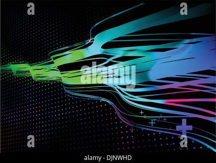 Vector illustration of wavy curved colored lines on dotted black background. Stock Vector