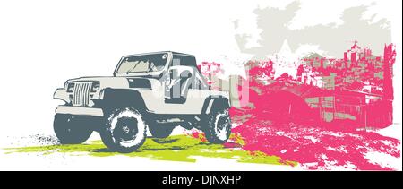 Vector illustration of stylized vintage military vehicle on the grunge urban background Stock Vector