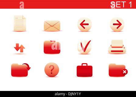 Vector illustration – set of red elegant simple icons for common computer functions. Set-1 Stock Vector
