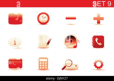 Vector illustration – set of red elegant simple icons for common computer and media devices functions. Set-9 Stock Vector