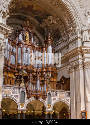 Massive, ornate pipe organ in the Berlin Cathedral or Berliner Dom, built in 1905 by King Frederick William IV. Stock Photo