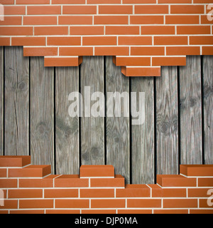 Broken red brickwall with old wooden planks in the background Stock Photo