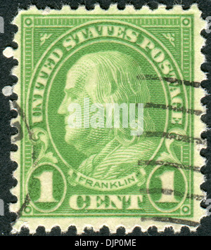 Stamp printed in the USA, a portrait of 6th President of Pennsylvania, the founder of the United States, Benjamin Franklin Stock Photo