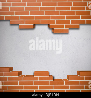 Broken red brickwall with white concrete texture in the background Stock Photo