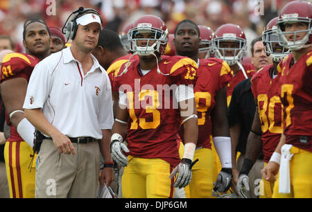 Apr. 10, 2008 - Los Angeles, California, U.S. - Southern California wide receiver Robert Woods (13) watches the replay of his touchdown catch with head coach Lane Kiffin in the first half during a NCAA, PAC 10 football game at the Los Angeles Memorial Coliseum on Saturday, October 16, 2010, in Los Angeles. (SGVN/Staff Photo by Keith Birmingham/SPORTS) (Credit Image: © San Gabriel V Stock Photo