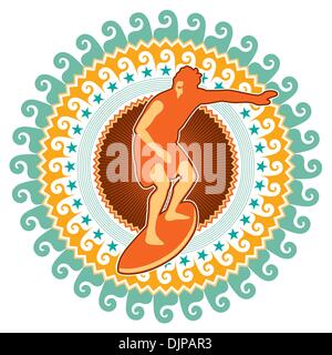 Colorful artistic surfing emblem with abstraction Stock Vector