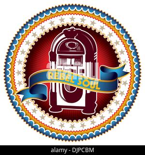 Illustrated colorful label with jukebox Stock Vector