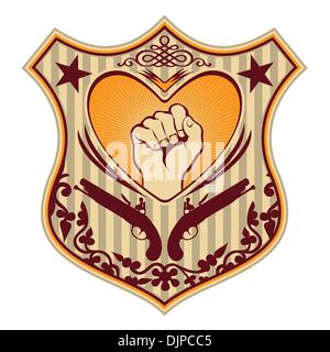 Illustrated crest with heart and fist Stock Vector