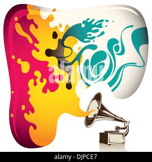 Illustrated psychedelic background with old gramophone Stock Vector