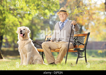 Senior man seated on a bench with his dog relaxing in a park Stock Photo