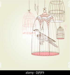 vintage card with a bird in the cage Stock Vector
