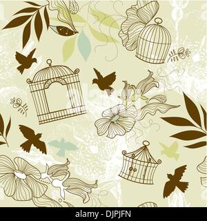 Birds and bird cages. Seamless pattern Stock Vector