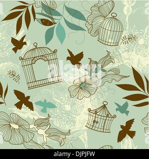 Birds and bird cages. Seamless pattern Stock Vector