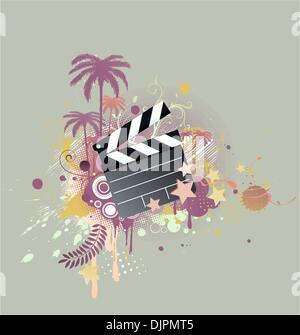 A vector illustration of decorative background with palm trees, grunge circles and movie clapper board Stock Vector