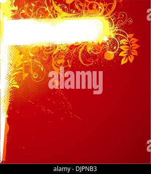 Vector illustration of red funky Grunge futuristic background with shiny floral Decorative banner Stock Vector
