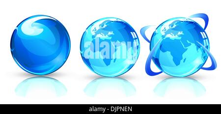 Vector illustration of three blue Glossy Earth Map Globes Stock Vector